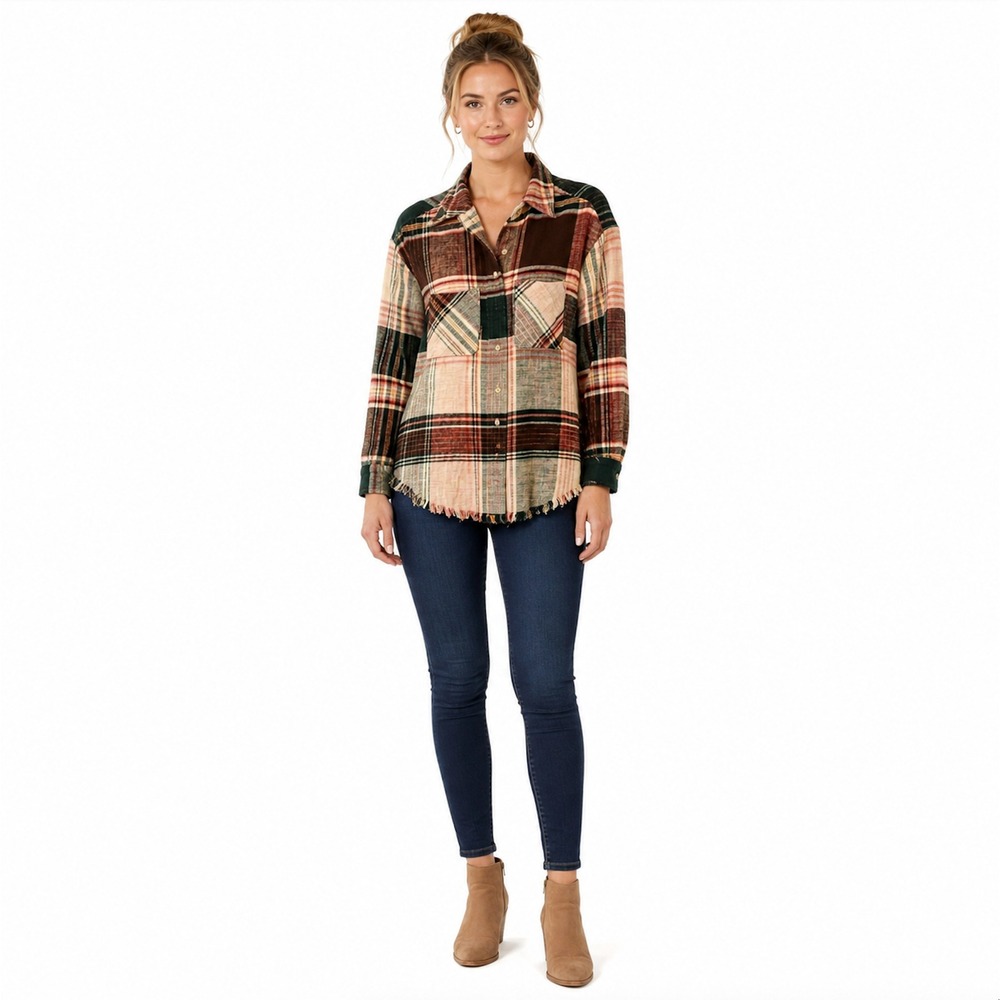 BKE Boyfriend Plaid Flannel Shirt Raw Hem Patchwork Green Brown Pink SMALL